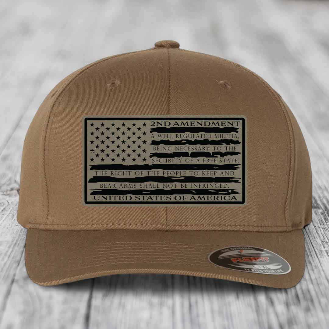 American Flag 2nd Amendment - Leather Patch Hat - Light Brown to Black Patch - Flexfit 6277 Fitted Hat