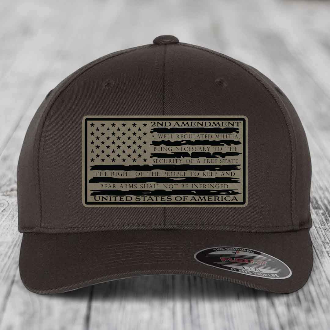 American Flag 2nd Amendment - Leather Patch Hat - Light Brown to Black Patch - Flexfit 6277 Fitted Hat