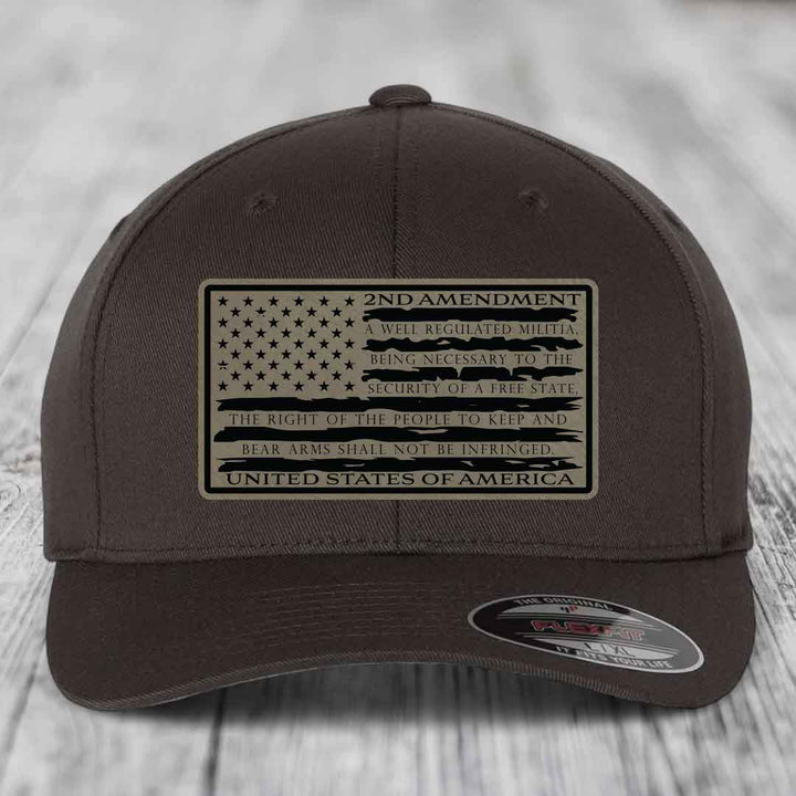 American Flag 2nd Amendment - Leather Patch Hat - Light Brown to Black Patch - Flexfit 6277 Fitted Hat