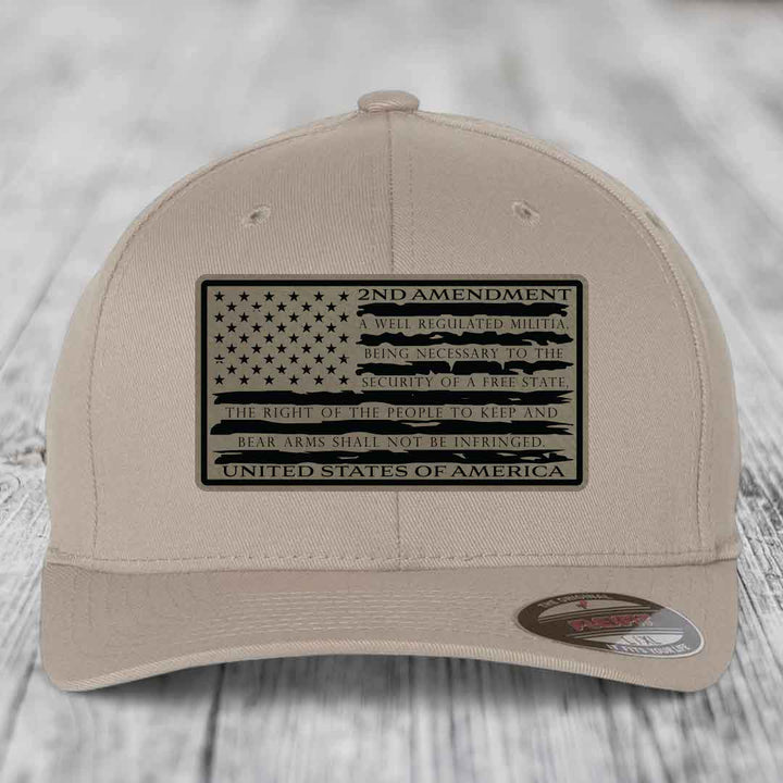American Flag 2nd Amendment - Leather Patch Hat - Light Brown to Black Patch - Flexfit 6277 Fitted Hat