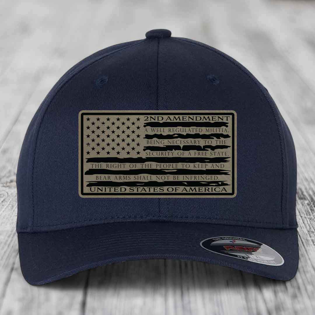 American Flag 2nd Amendment - Leather Patch Hat - Light Brown to Black Patch - Flexfit 6277 Fitted Hat