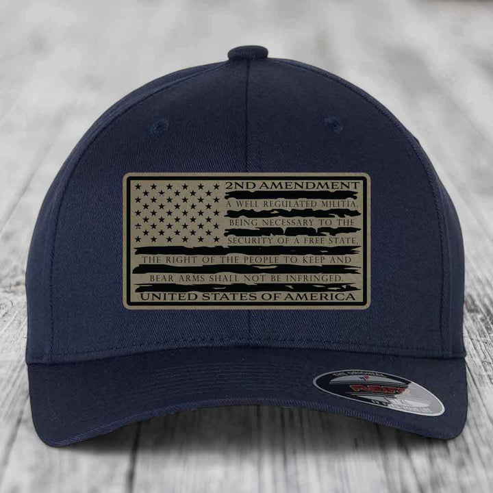 American Flag 2nd Amendment - Leather Patch Hat - Light Brown to Black Patch - Flexfit 6277 Fitted Hat