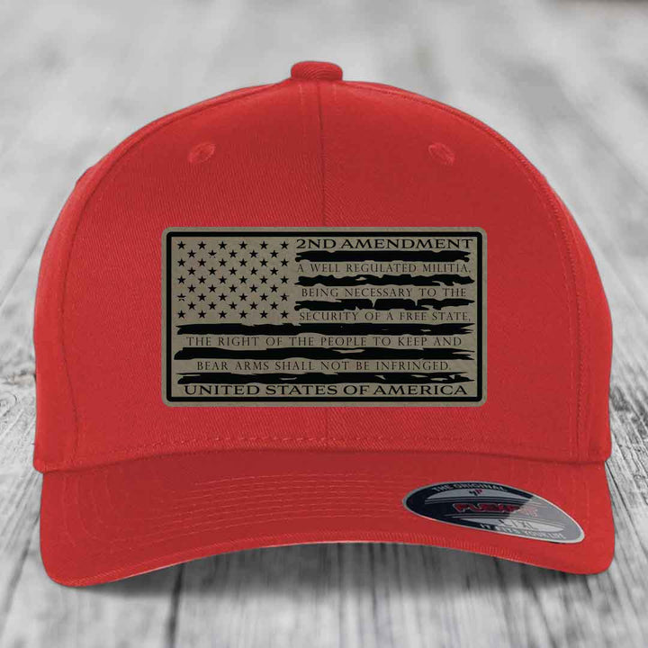 American Flag 2nd Amendment - Leather Patch Hat - Light Brown to Black Patch - Flexfit 6277 Fitted Hat