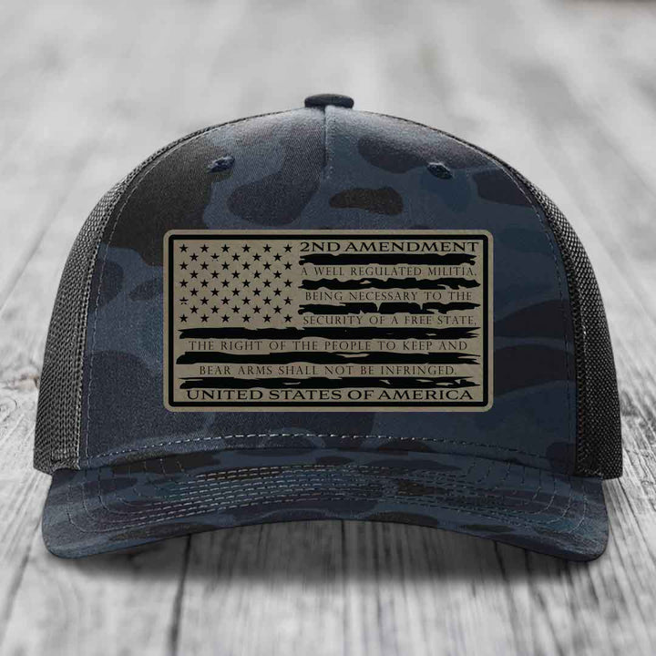 American Flag 2nd Amendment - Leather Patch Hat - Light Brown to Black Patch - Richardson 112PFP Snapback Trucker Hat