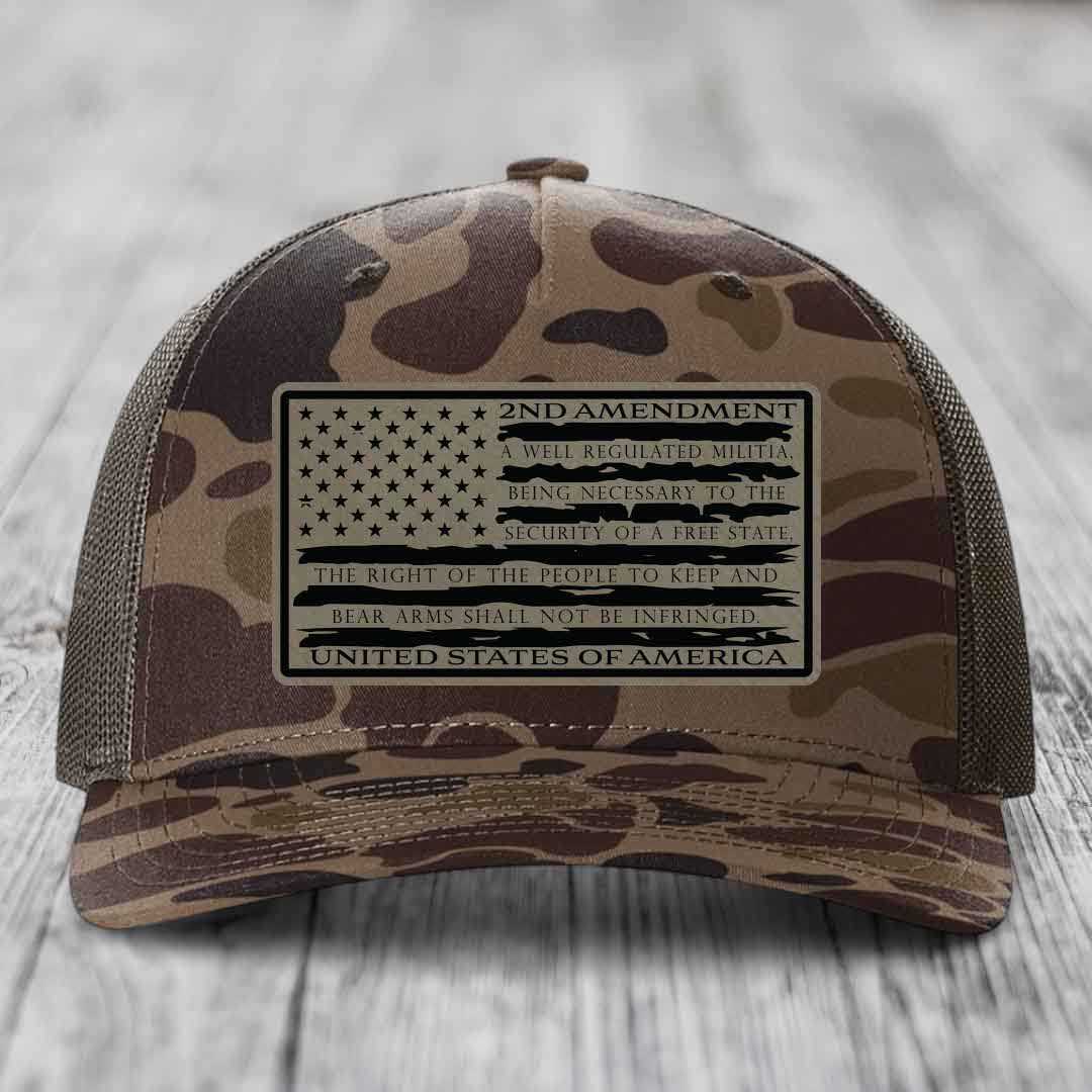 American Flag 2nd Amendment - Leather Patch Hat - Light Brown to Black Patch - Richardson 112PFP Snapback Trucker Hat