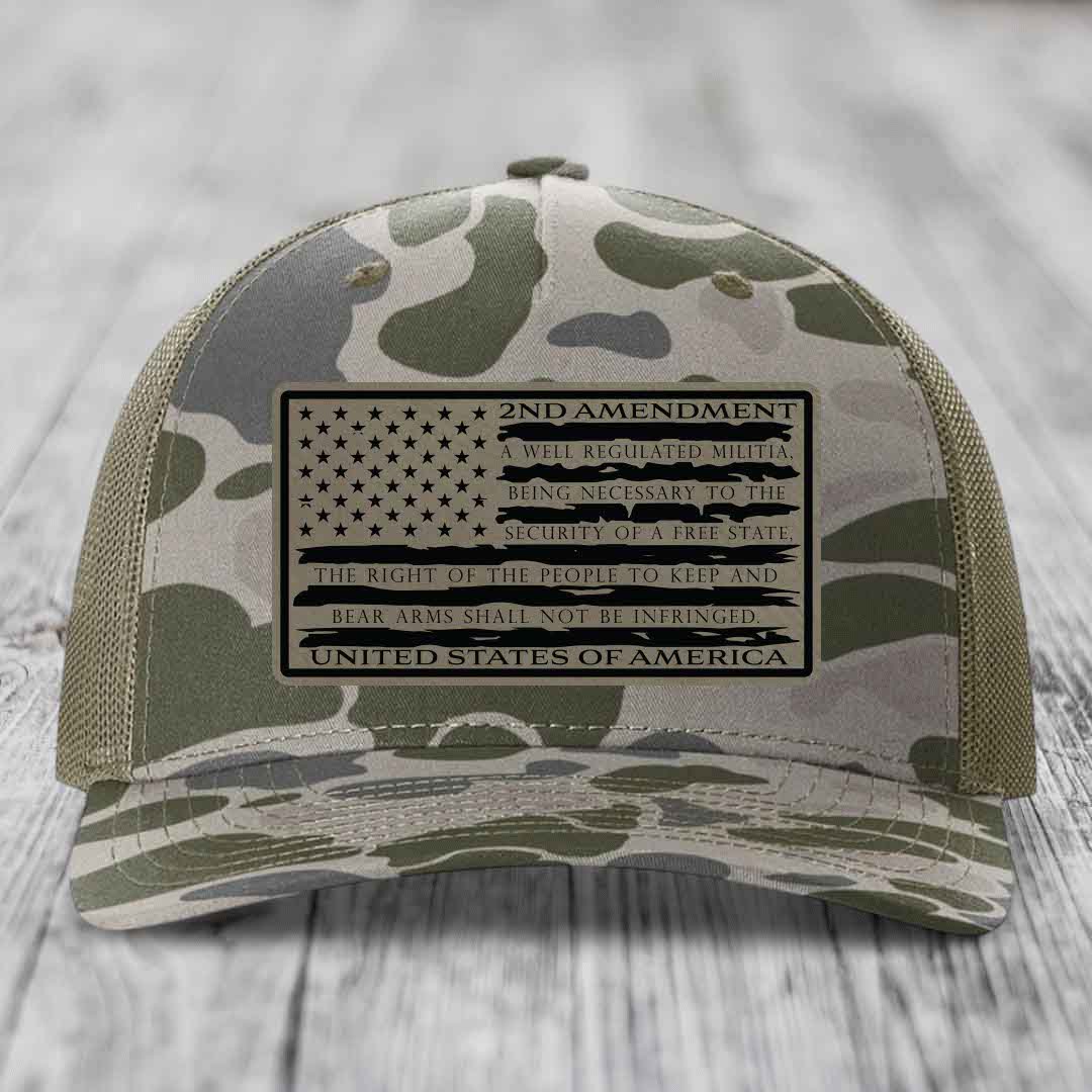 American Flag 2nd Amendment - Leather Patch Hat - Light Brown to Black Patch - Richardson 112PFP Snapback Trucker Hat