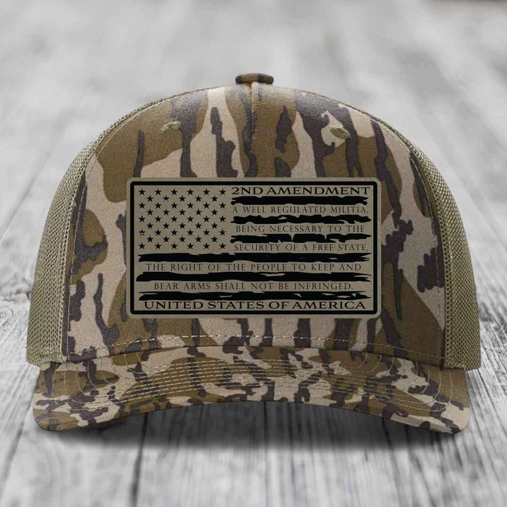 American Flag 2nd Amendment - Leather Patch Hat - Light Brown to Black Patch - Richardson 112PFP Snapback Trucker Hat