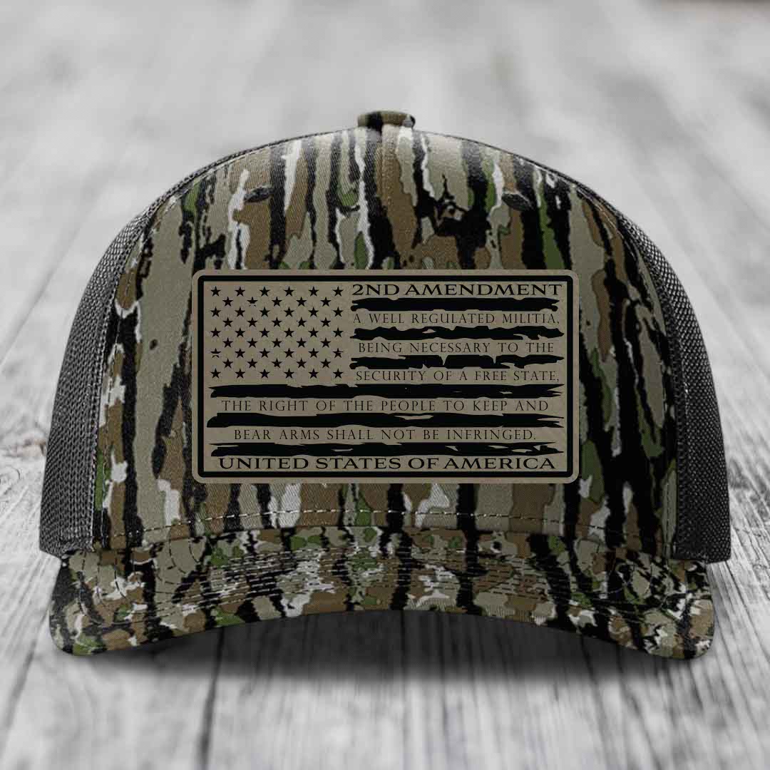 American Flag 2nd Amendment - Leather Patch Hat - Light Brown to Black Patch - Richardson 112PFP Snapback Trucker Hat