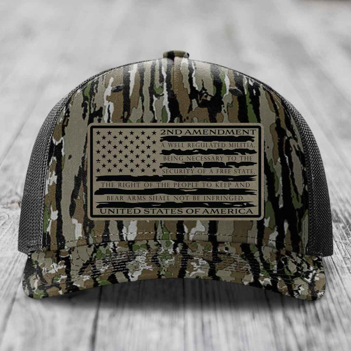 American Flag 2nd Amendment - Leather Patch Hat - Light Brown to Black Patch - Richardson 112PFP Snapback Trucker Hat