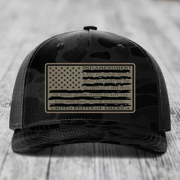 American Flag 2nd Amendment - Leather Patch Hat - Light Brown to Black Patch - Richardson 112PFP Snapback Trucker Hat