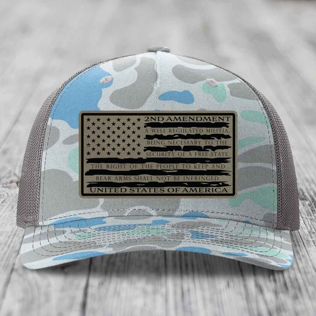 American Flag 2nd Amendment - Leather Patch Hat - Light Brown to Black Patch - Richardson 112PFP Snapback Trucker Hat