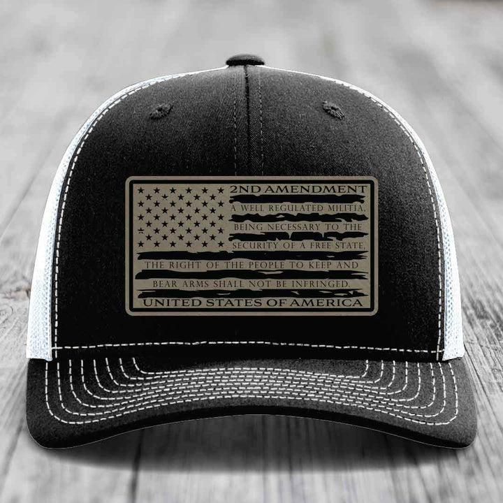 American Flag 2nd Amendment - Leather Patch Hat - Light Brown to Black Patch - Richardson 112 Snapback Trucker Hat