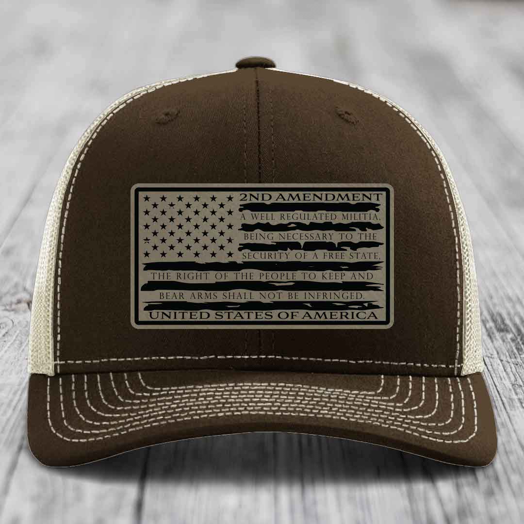 American Flag 2nd Amendment - Leather Patch Hat - Light Brown to Black Patch - Richardson 112 Snapback Trucker Hat