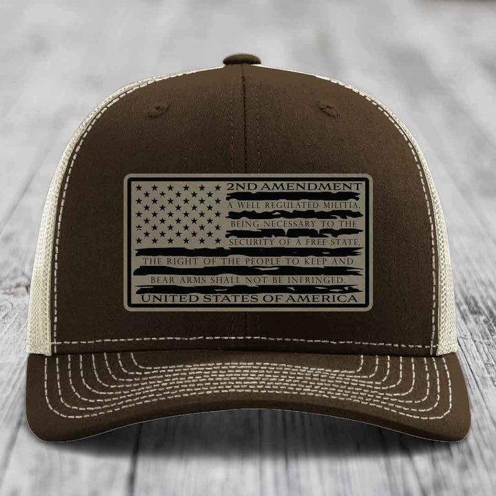 American Flag 2nd Amendment - Leather Patch Hat - Light Brown to Black Patch - Richardson 112 Snapback Trucker Hat