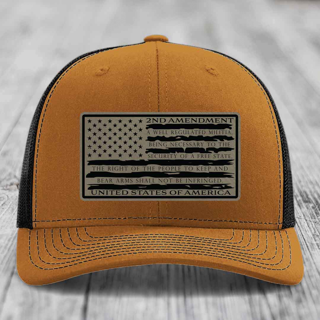 American Flag 2nd Amendment - Leather Patch Hat - Light Brown to Black Patch - Richardson 112 Snapback Trucker Hat