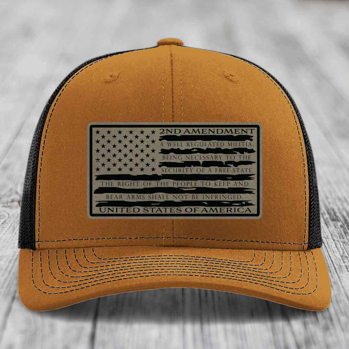American Flag 2nd Amendment - Leather Patch Hat - Light Brown to Black Patch - Richardson 112 Snapback Trucker Hat
