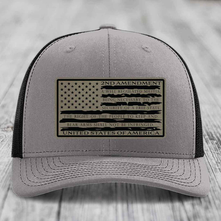 American Flag 2nd Amendment - Leather Patch Hat - Light Brown to Black Patch - Richardson 112 Snapback Trucker Hat