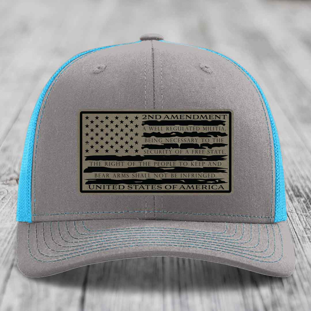 American Flag 2nd Amendment - Leather Patch Hat - Light Brown to Black Patch - Richardson 112 Snapback Trucker Hat