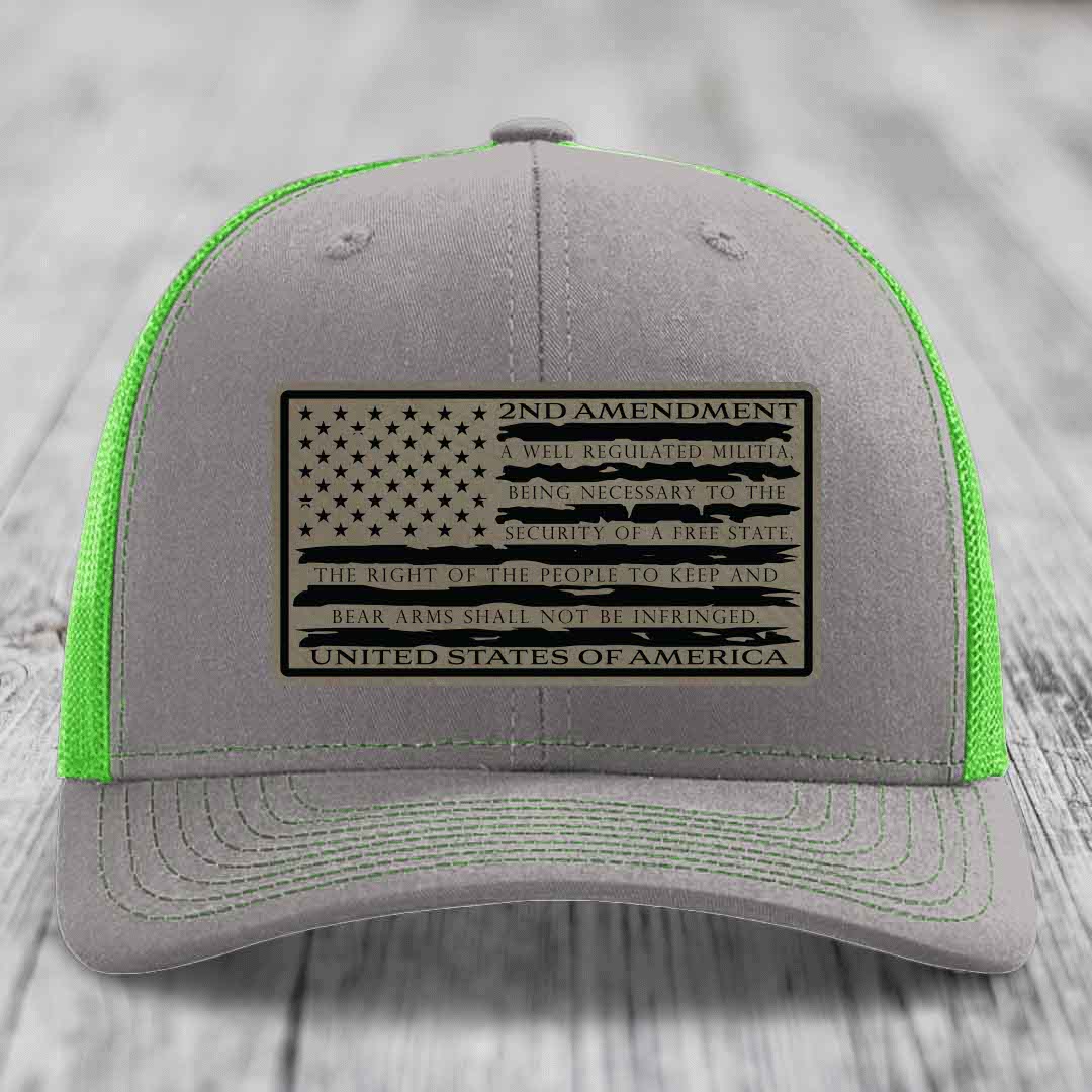 American Flag 2nd Amendment - Leather Patch Hat - Light Brown to Black Patch - Richardson 112 Snapback Trucker Hat