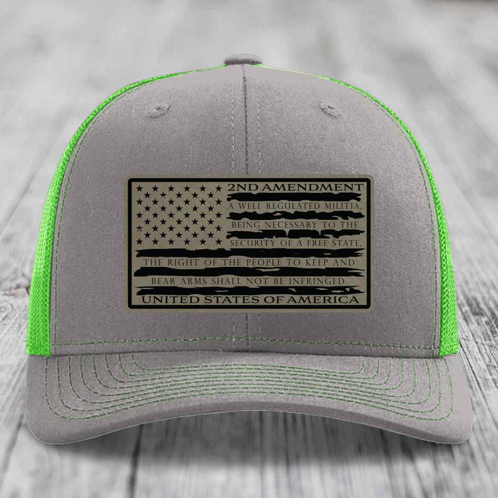 American Flag 2nd Amendment - Leather Patch Hat - Light Brown to Black Patch - Richardson 112 Snapback Trucker Hat