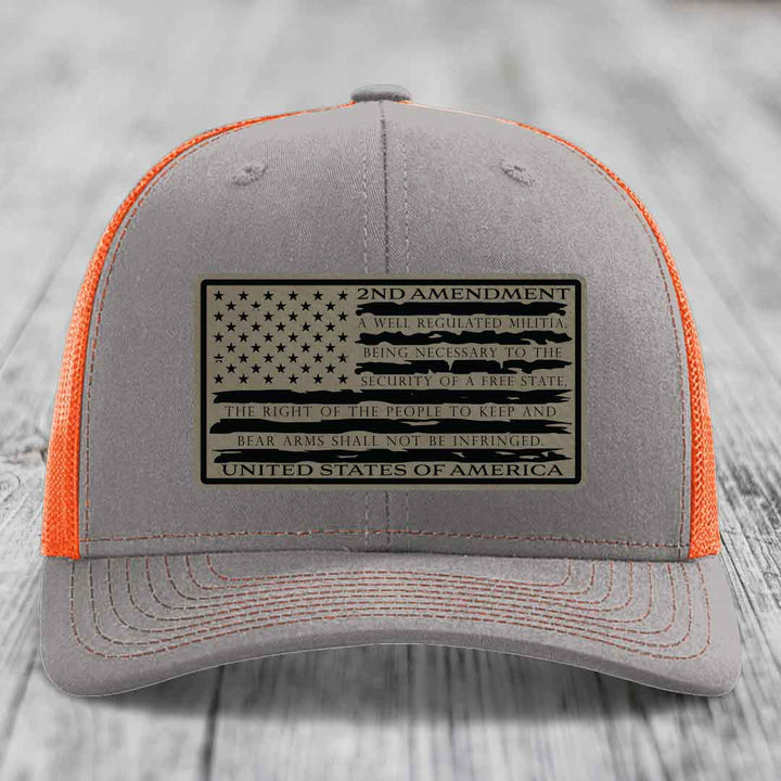 American Flag 2nd Amendment - Leather Patch Hat - Light Brown to Black Patch - Richardson 112 Snapback Trucker Hat