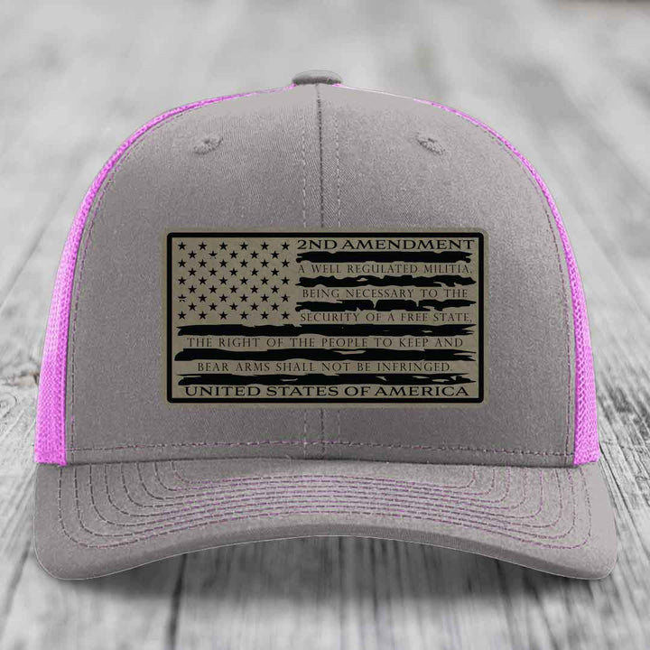 American Flag 2nd Amendment - Leather Patch Hat - Light Brown to Black Patch - Richardson 112 Snapback Trucker Hat