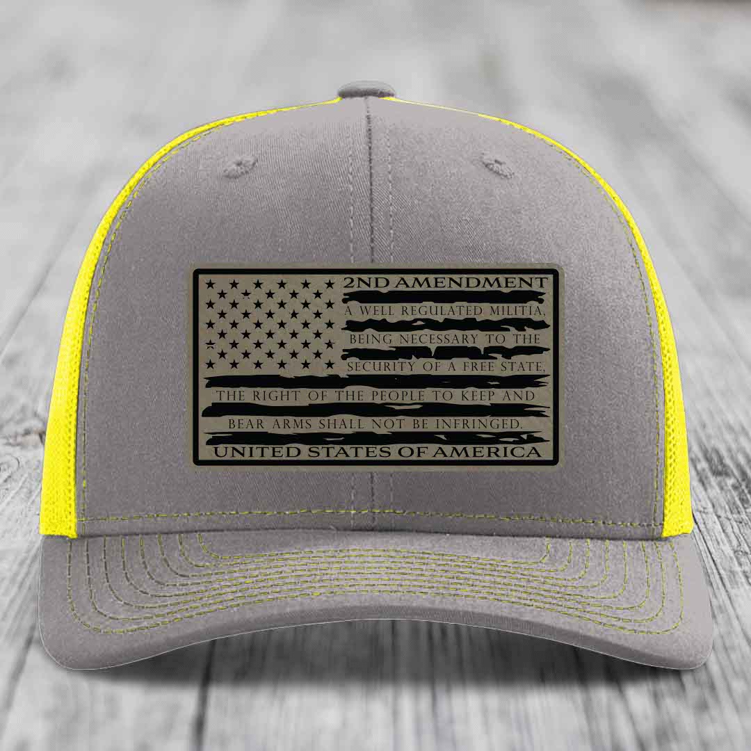 American Flag 2nd Amendment - Leather Patch Hat - Light Brown to Black Patch - Richardson 112 Snapback Trucker Hat