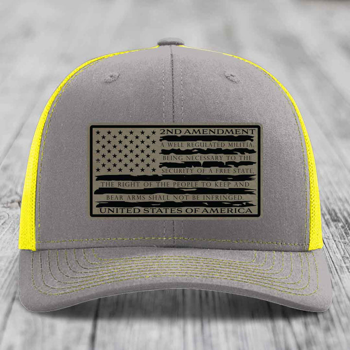 American Flag 2nd Amendment - Leather Patch Hat - Light Brown to Black Patch - Richardson 112 Snapback Trucker Hat