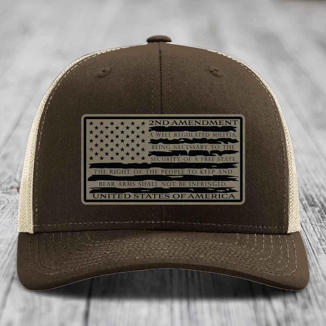 American Flag 2nd Amendment - Leather Patch Hat - Light Brown to Black Patch - Richardson 112 Snapback Trucker Hat