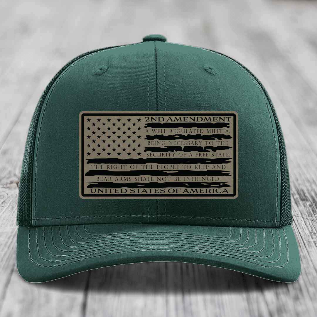 American Flag 2nd Amendment - Leather Patch Hat - Light Brown to Black Patch - Richardson 112 Snapback Trucker Hat