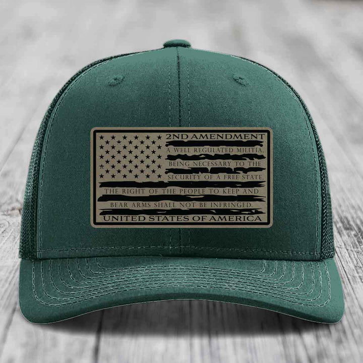 American Flag 2nd Amendment - Leather Patch Hat - Light Brown to Black Patch - Richardson 112 Snapback Trucker Hat