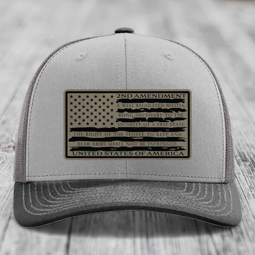 American Flag 2nd Amendment - Leather Patch Hat - Light Brown to Black Patch - Richardson 112 Snapback Trucker Hat