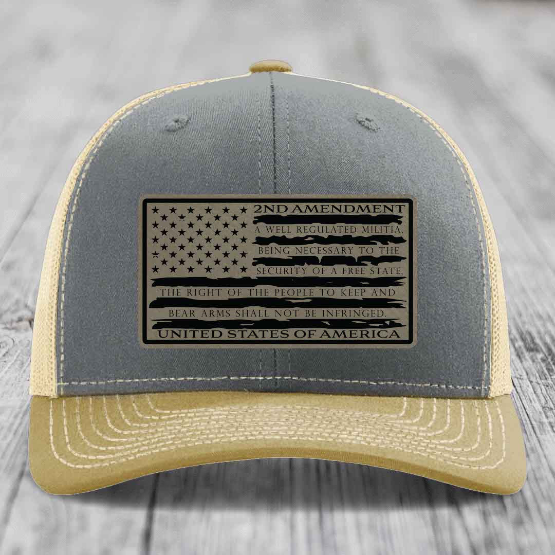 American Flag 2nd Amendment - Leather Patch Hat - Light Brown to Black Patch - Richardson 112 Snapback Trucker Hat