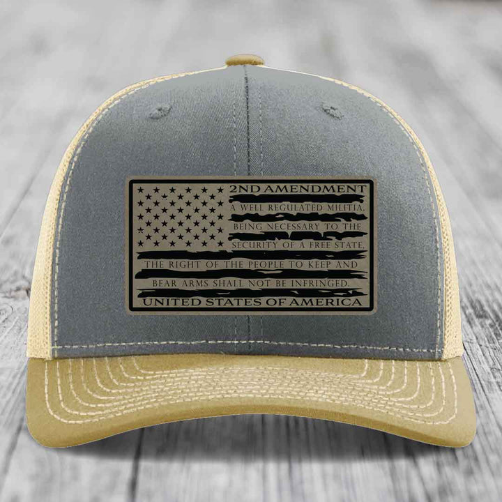 American Flag 2nd Amendment - Leather Patch Hat - Light Brown to Black Patch - Richardson 112 Snapback Trucker Hat
