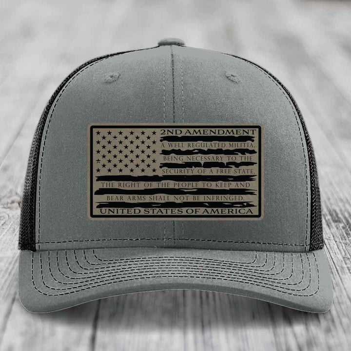 American Flag 2nd Amendment - Leather Patch Hat - Light Brown to Black Patch - Richardson 112 Snapback Trucker Hat