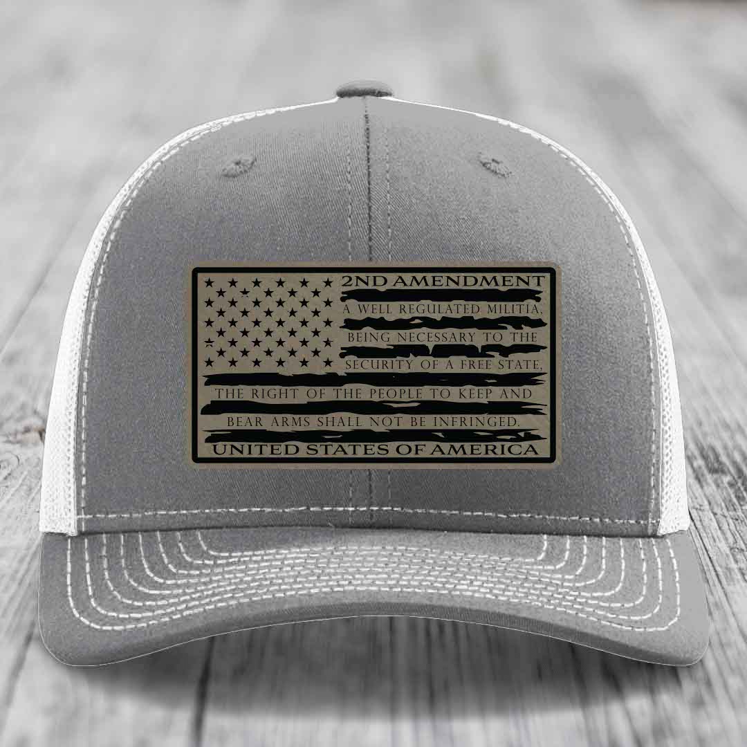 American Flag 2nd Amendment - Leather Patch Hat - Light Brown to Black Patch - Richardson 112 Snapback Trucker Hat