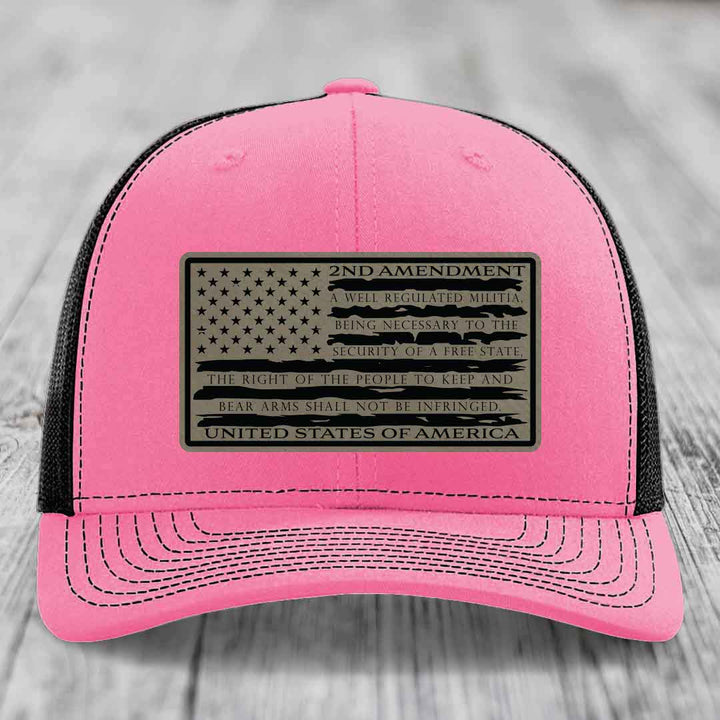 American Flag 2nd Amendment - Leather Patch Hat - Light Brown to Black Patch - Richardson 112 Snapback Trucker Hat