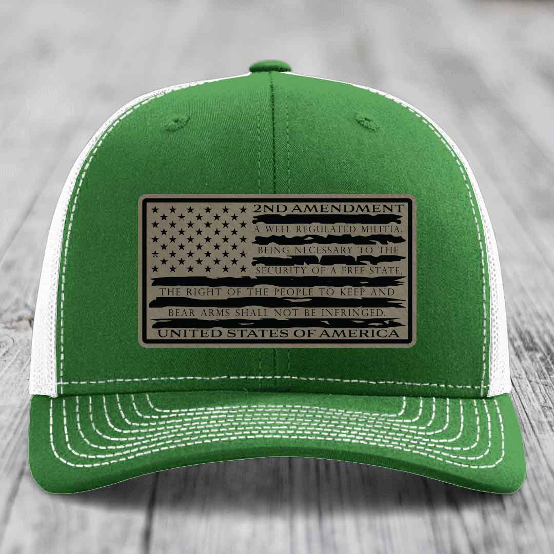 American Flag 2nd Amendment - Leather Patch Hat - Light Brown to Black Patch - Richardson 112 Snapback Trucker Hat