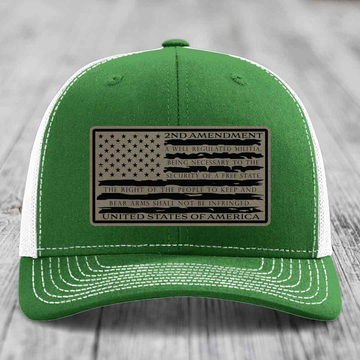 American Flag 2nd Amendment - Leather Patch Hat - Light Brown to Black Patch - Richardson 112 Snapback Trucker Hat