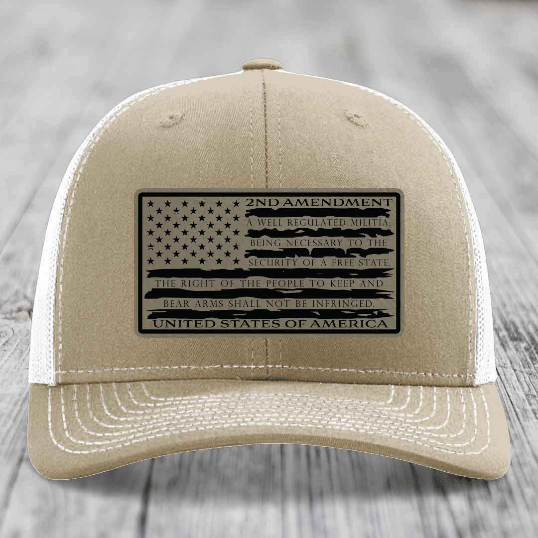 American Flag 2nd Amendment - Leather Patch Hat - Light Brown to Black Patch - Richardson 112 Snapback Trucker Hat