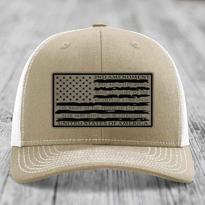 American Flag 2nd Amendment - Leather Patch Hat - Light Brown to Black Patch - Richardson 112 Snapback Trucker Hat