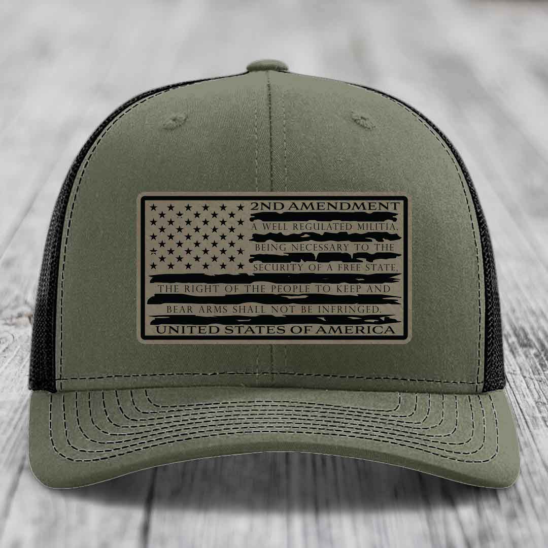 American Flag 2nd Amendment - Leather Patch Hat - Light Brown to Black Patch - Richardson 112 Snapback Trucker Hat