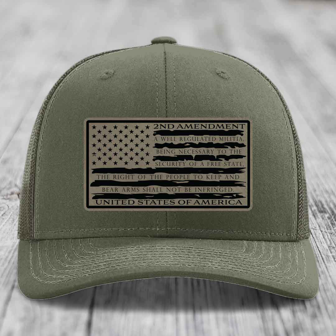 American Flag 2nd Amendment - Leather Patch Hat - Light Brown to Black Patch - Richardson 112 Snapback Trucker Hat