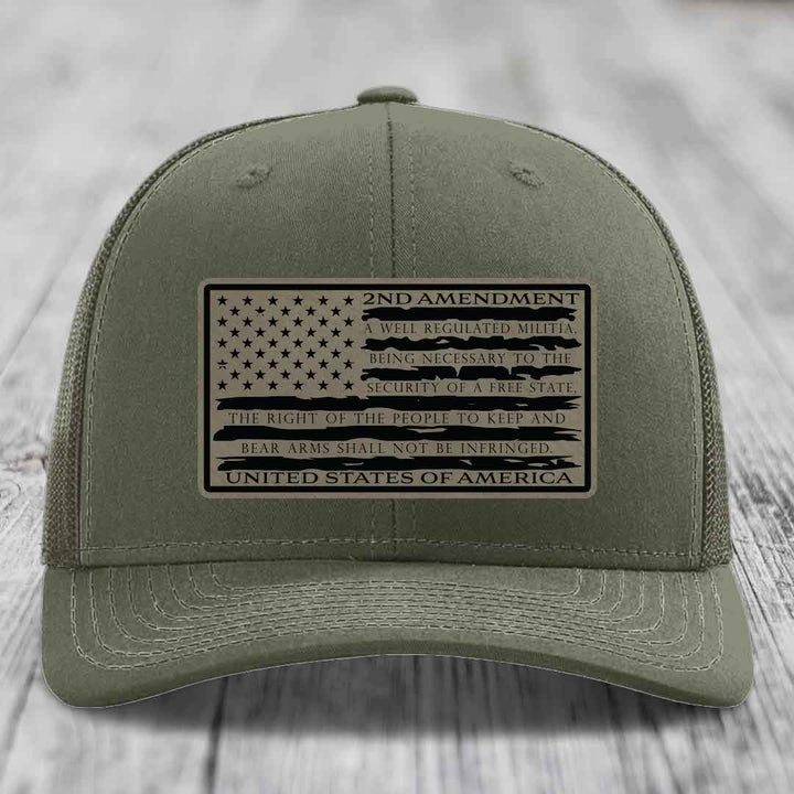 American Flag 2nd Amendment - Leather Patch Hat - Light Brown to Black Patch - Richardson 112 Snapback Trucker Hat