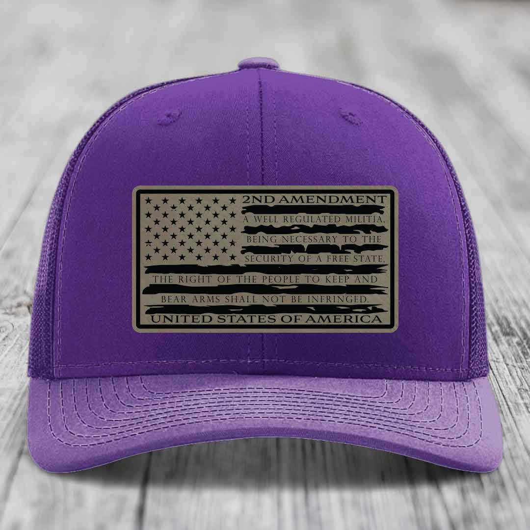 American Flag 2nd Amendment - Leather Patch Hat - Light Brown to Black Patch - Richardson 112 Snapback Trucker Hat