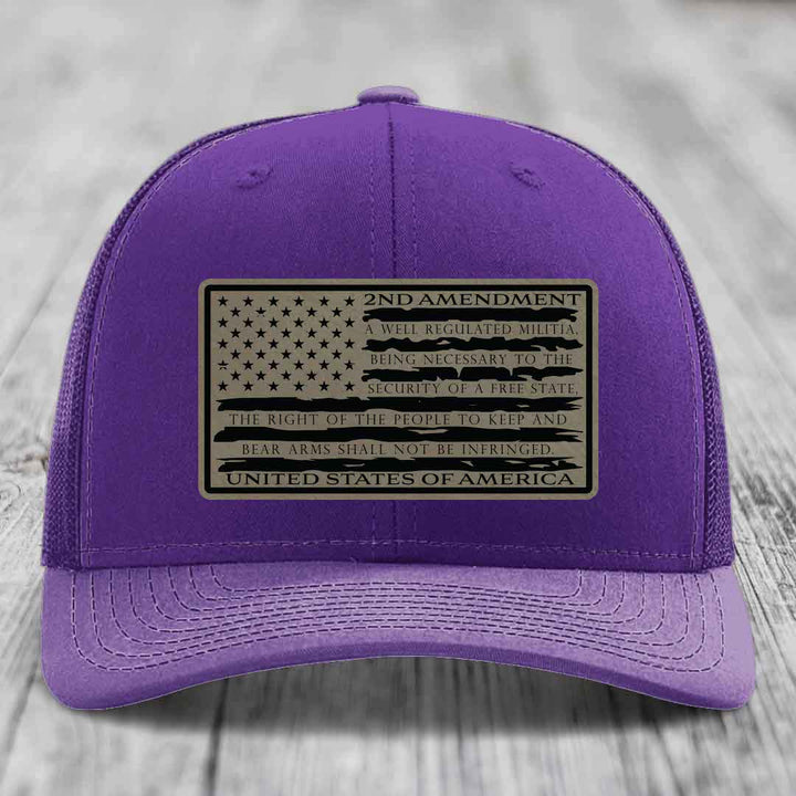 American Flag 2nd Amendment - Leather Patch Hat - Light Brown to Black Patch - Richardson 112 Snapback Trucker Hat