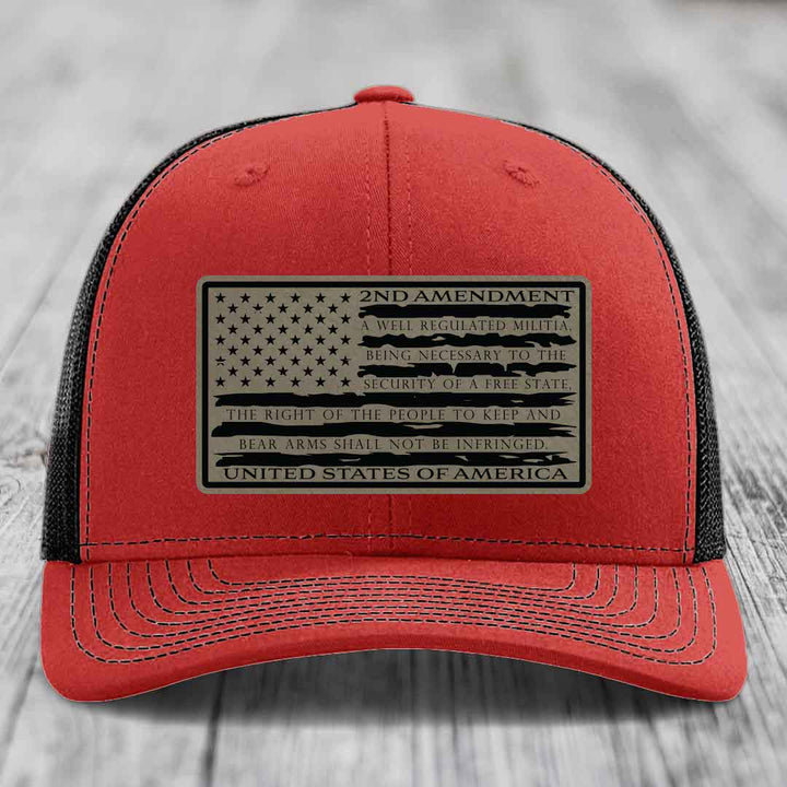 American Flag 2nd Amendment - Leather Patch Hat - Light Brown to Black Patch - Richardson 112 Snapback Trucker Hat