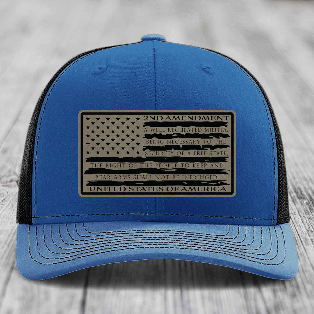 American Flag 2nd Amendment - Leather Patch Hat - Light Brown to Black Patch - Richardson 112 Snapback Trucker Hat