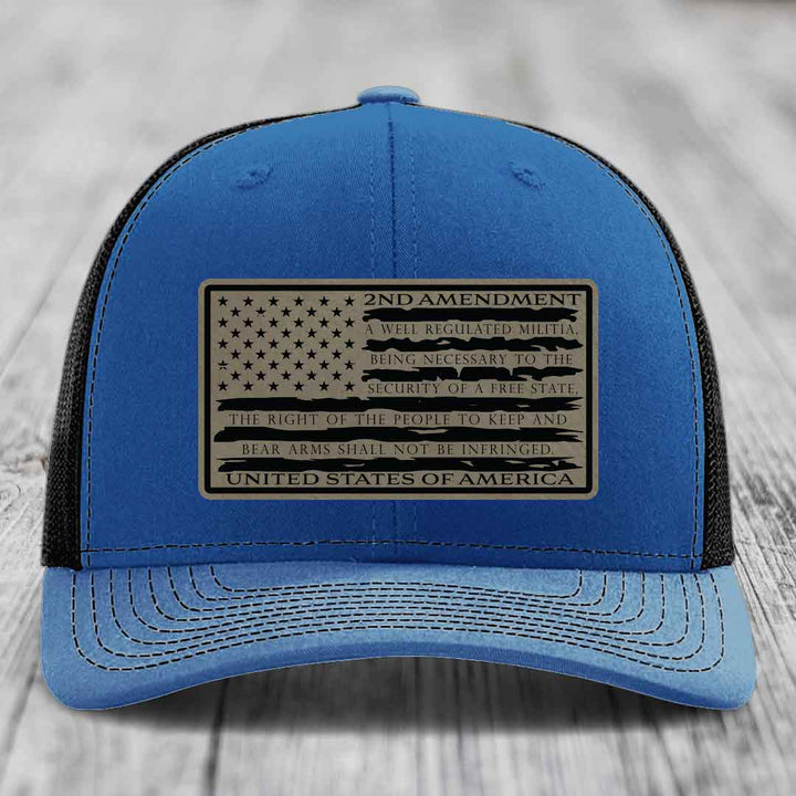 American Flag 2nd Amendment - Leather Patch Hat - Light Brown to Black Patch - Richardson 112 Snapback Trucker Hat