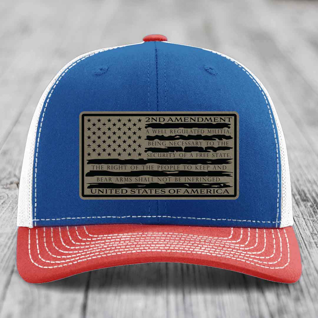American Flag 2nd Amendment - Leather Patch Hat - Light Brown to Black Patch - Richardson 112 Snapback Trucker Hat